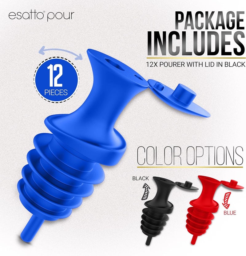 Esatto Pour and Seal, Pourer with Lid – Easy Pouring for Drinks like Spirits and Liquors, Lid for Healthy Practices Keeping Debris and Fruit Flies Away, Professional Bar Tool, Pack of 12 Pieces (Blue) - Image 2